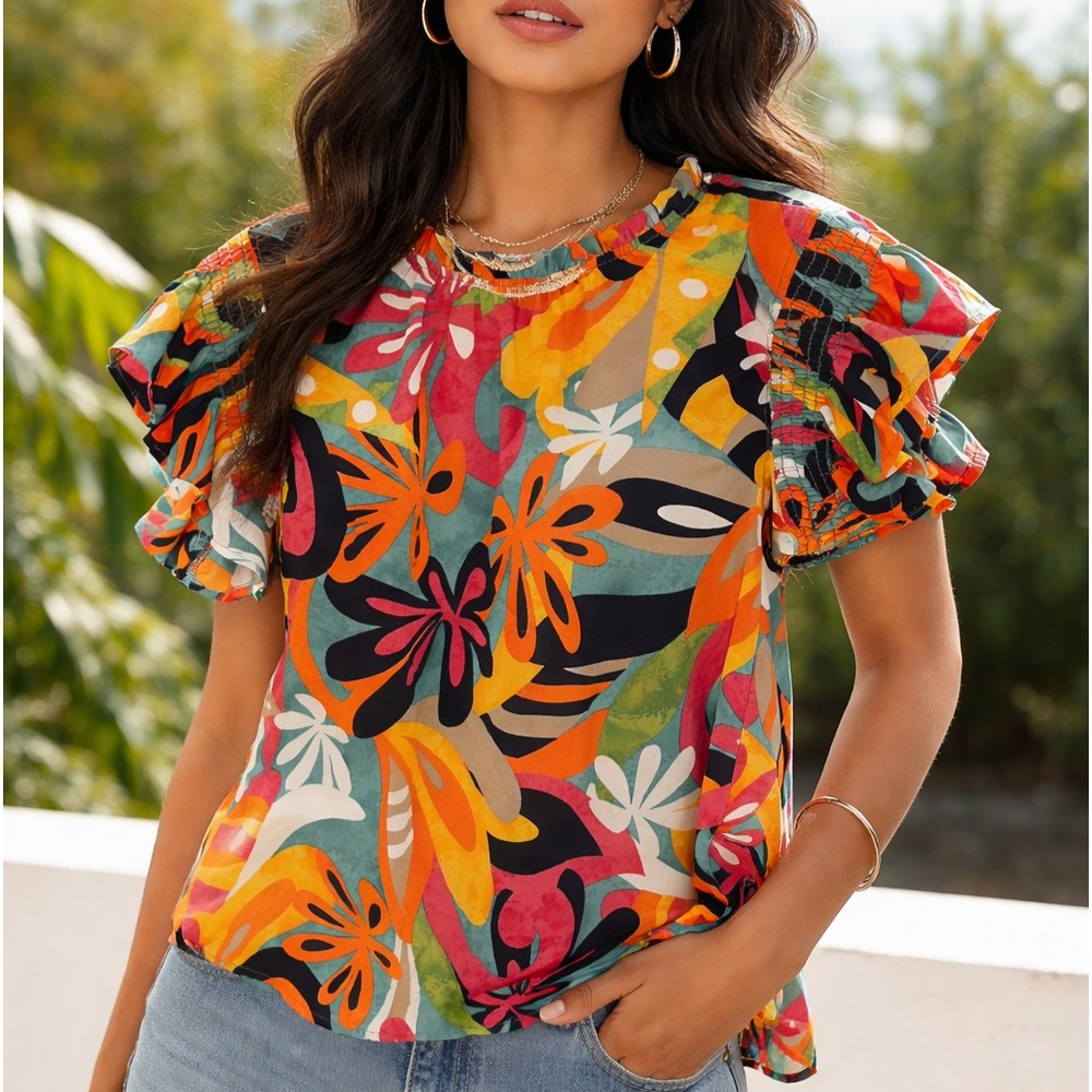 Ces Femme Pullover Blouse Women's Size Small Abstract Pattern Ruffle Sleeve‎